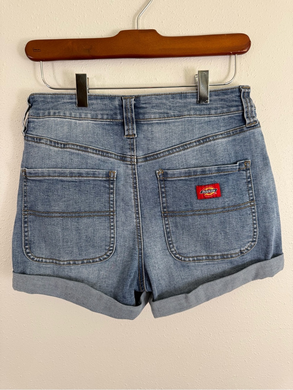 Dickies Girl Cuffed Denim Shorts Light Wash Patch Pocket Size 5/27